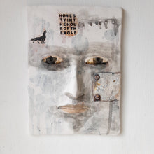 Ceramic wall sculpture, abstract art face, rustic wall decor, Hour of the Wolf writers gift