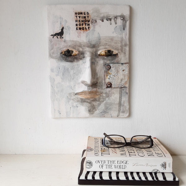 Ceramic wall sculpture, abstract art face, rustic wall decor, Hour of the Wolf writers gift