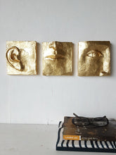 Gold wall art, ceramic faces set of three, classic contemporary sculpture with minimalist feel