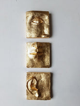 Gold wall art, ceramic faces set of three, classic contemporary sculpture with minimalist feel