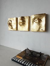 Gold wall art, ceramic faces set of three, classic contemporary sculpture with minimalist feel