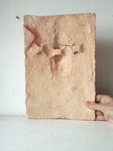 Wall sculpture of human face, ceramic art mask, rustic bedroom decor, enigma artwork from Louise Fulton Studio