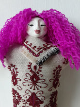 Pink haired female doll, with crimson pattern on beige embroidered linen body, ceramic body parts, boudoir decor