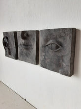 Black wall art triptych, handmade ceramic classic sculpture of face in three parts, hear no see no speak no evil