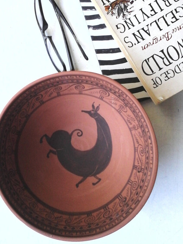 Hand painted terracotta bowl, Greek style ceramic tableware with black brushwork deer