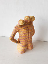 Male nude statue with three heads and striped body, naked ceramic man, boho bedroom decor