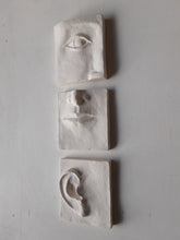 White wall art triptych, handmade ceramic classic sculpture of face in three parts, hear no see no speak no evil