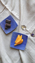 Blue plates in a modern Asian style, set of four square serving dishes for sweets or condiments