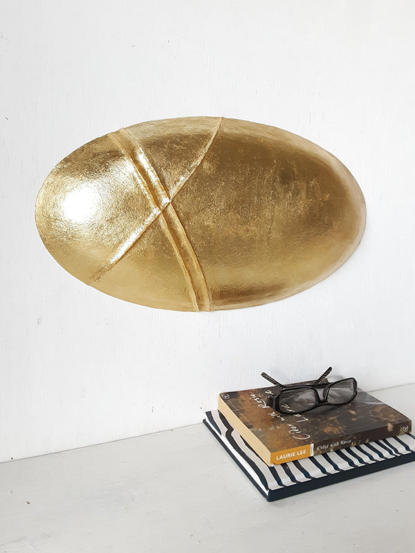 Gold minimalist wall art, gilt oval sculpture, Modernist luxe style decor