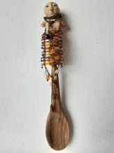 Pottery & hardwood spoon, ceramic figure handle, hand modelled foodie gift wall sculpture