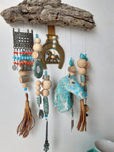 Turquoise blue horse mobile hanging sculpture with driftwood and ceramic elements, country style horse lover gift