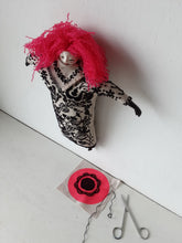 Pink haired female doll, with black on beige embroidered linen body, ceramic head, arms and legs, boudoir decor