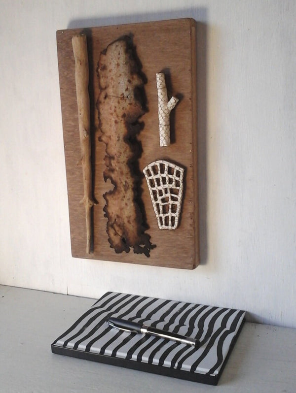 Rustic wall decor with timber, ceramic and wire elements, country style art, upcycled sculpture, office decor gift for him