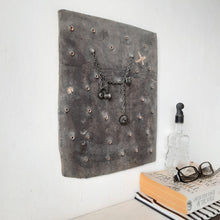 Pewter black tile sculpture with pierced surface and metal chain and beads, ceramic wall art gift