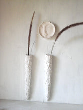 Retro wall vase pair, white hanging planters, embossed white ceramic taper vessels, mid-century modern look