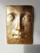 Gold tile face wall sculpture, Buddha style art lover gift