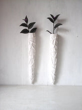 Retro wall vase pair, white hanging planters, embossed white ceramic taper vessels, mid-century modern look