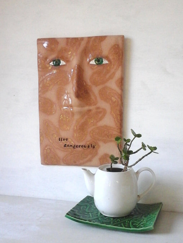 Wall art mask, hanging ceramic sculpture, pottery face, Live Dangerously 3D wall quote, graduation gift for her