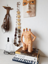 Male nude statue with three heads and striped body, naked ceramic man, boho bedroom decor