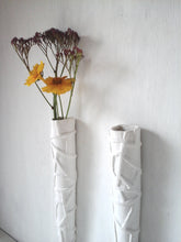 Retro wall vase pair, white hanging planters, embossed white ceramic taper vessels, mid-century modern look