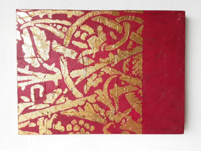 William Morris style gold and crimson painting with rose vine on textured background, Arts and Crafts wall decor