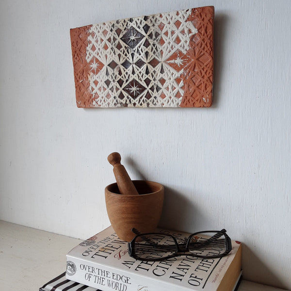 Rectangular terracotta plaque with embossed crystal pattern, Moroccan style small wall sculpture