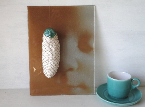 Baby boy ceramic art doll, mixed media wall hanging, ceramic sculpture with wire net basket