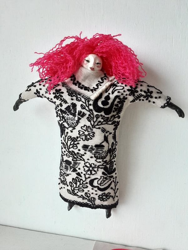 Pink haired female doll, with black on beige embroidered linen body, ceramic head, arms and legs, boudoir decor