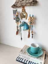 Turquoise blue horse mobile hanging sculpture with driftwood and ceramic elements, country style horse lover gift