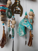 Turquoise blue horse mobile hanging sculpture with driftwood and ceramic elements, country style horse lover gift