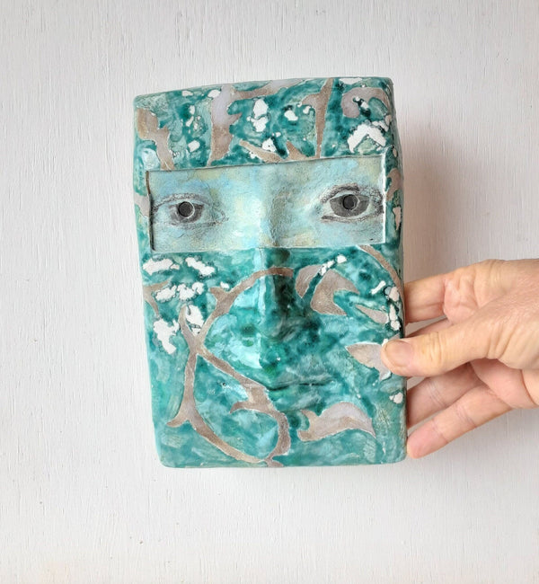 Turquoise green and gray pottery wall face, boho ceramic sculpture of female head