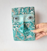 Turquoise green and gray pottery wall face, boho ceramic sculpture of female head