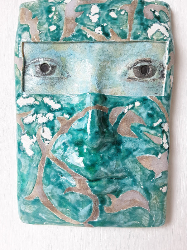 Turquoise green and gray pottery wall face, boho ceramic sculpture of female head