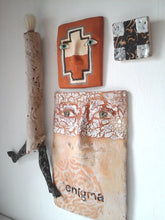 Wall sculpture of human face, ceramic art mask, rustic bedroom decor, enigma artwork from Louise Fulton Studio