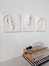 White wall art triptych, handmade ceramic classic sculpture of face in three parts, hear no see no speak no evil