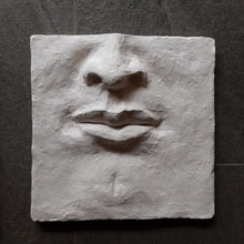 Large white art triptych, ceramic classic sculpture of face in three parts, hear no see no speak no evil