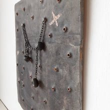 Pewter black tile sculpture with pierced surface and metal chain and beads, ceramic wall art gift