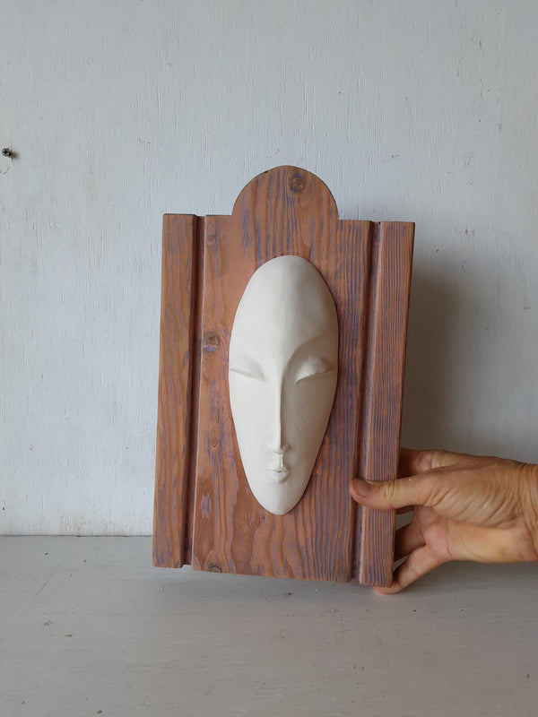 White ceramic face on timber wall mount, mixed media wall sculpture, gift for art lover
