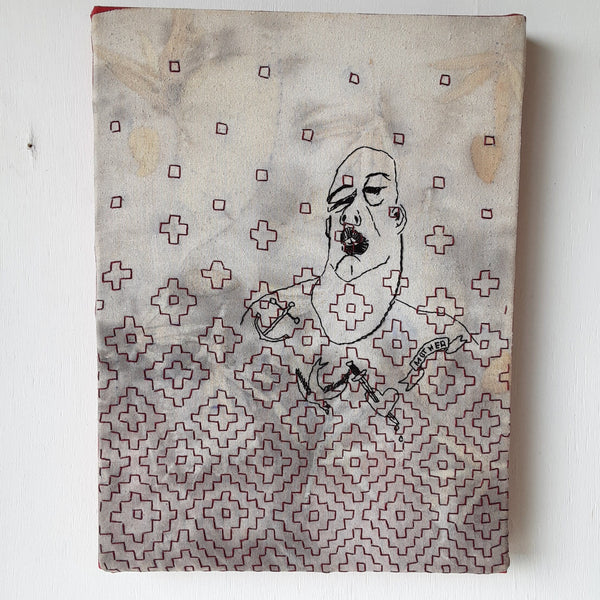 Hand sewn shibori picture of sailor with tattoos, black red and gray wall hanging art