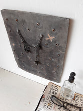 Pewter black tile sculpture with pierced surface and metal chain and beads, ceramic wall art gift