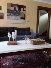 White sculpture with five organic ceramic shapes on a timber plinth, Modernist coffee table art