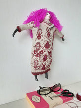 Pink haired female doll, with crimson pattern on beige embroidered linen body, ceramic body parts, boudoir decor