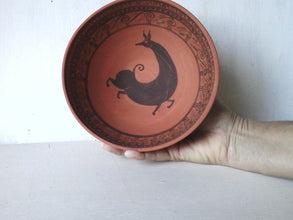 Hand painted terracotta bowl, Greek style ceramic tableware with black brushwork deer