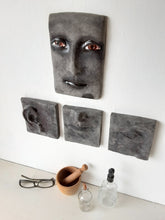 Black wall art triptych, handmade ceramic classic sculpture of face in three parts, hear no see no speak no evil