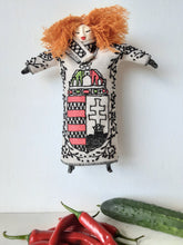 Red haired doll with Hungarian embroidered St Stephen's crest on beige linen body and ceramic parts, bedroom decor