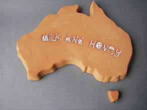 Land of milk and honey, ceramic sculpture, terracotta wall decor, fairytale Australia, political Australian art