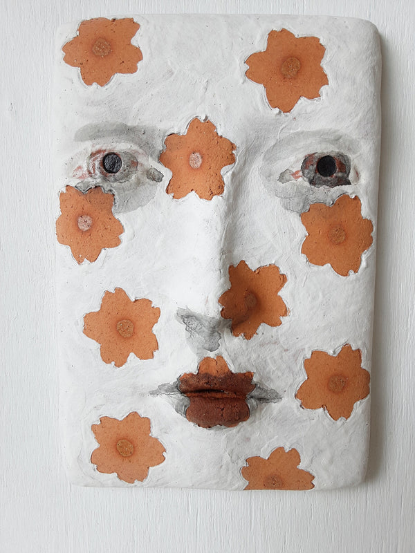 Ceramic female face with cherry blossom pattern, boho style wall art for girlfriend