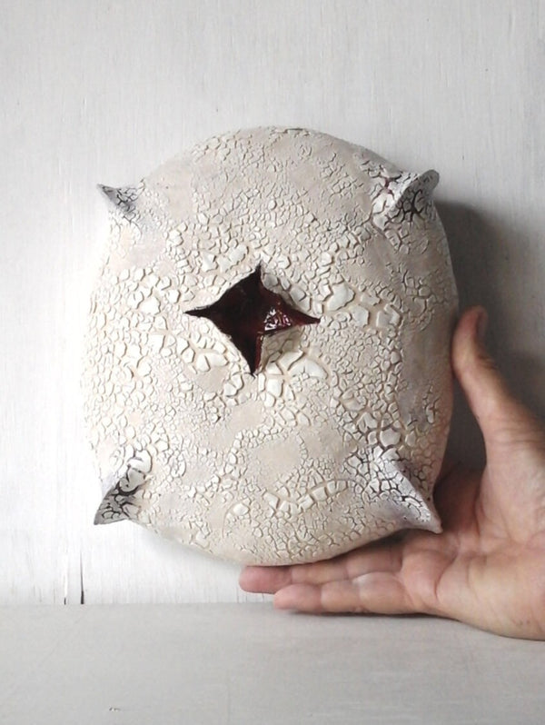 White pod wall sculpture with red split and crackle surface, pottery coastal decor, art lover gift