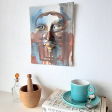 Blue and brown ceramic art face with old key design, art lover gift, female head decor