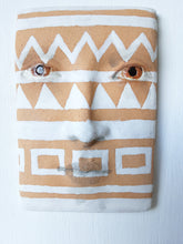 Terracotta orange and white wall mask sculpture with diamond pattern, ceramic face art, tribal style art lover gift